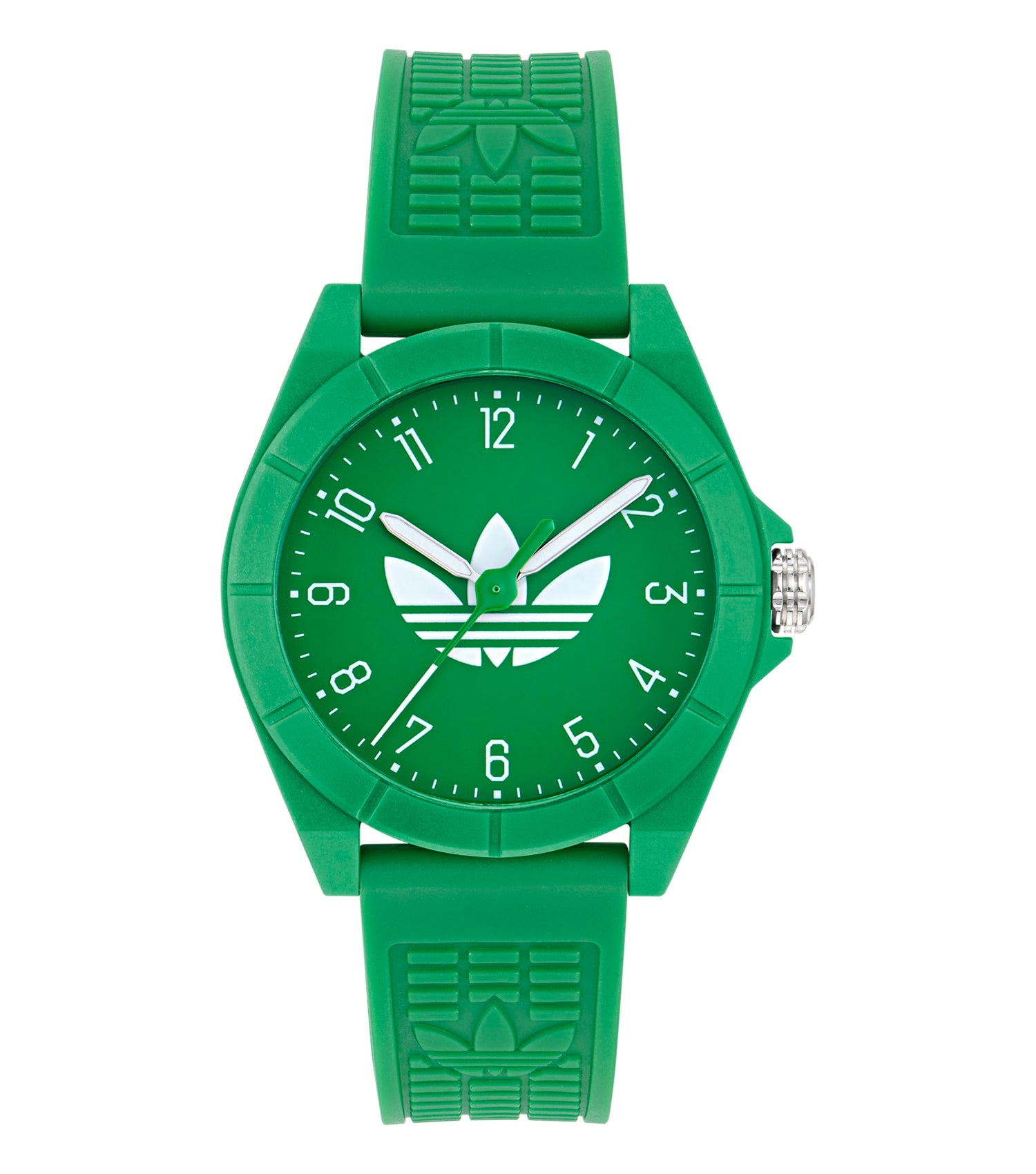 Adidas watch in black featuring a round dial, seen from a slightly tilted front angle, capturing sleek modern design.