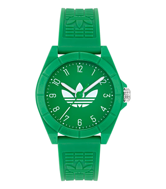 Adidas watch in black featuring a round dial, seen from a slightly tilted front angle, capturing sleek modern design.