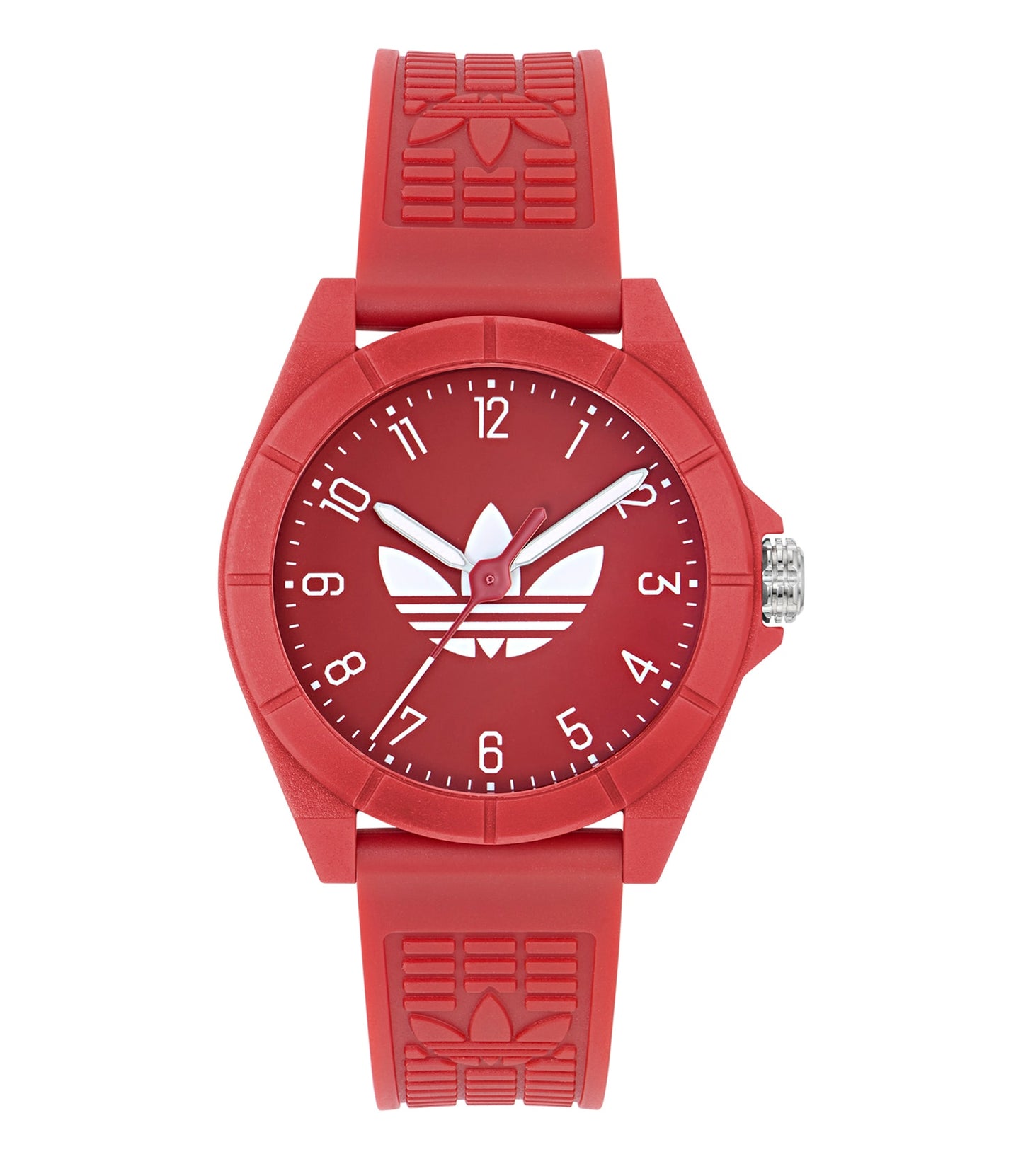Adidas watch, none color, stylish round design, front angle; distinctive textured band and minimalistic dial for modern elegance