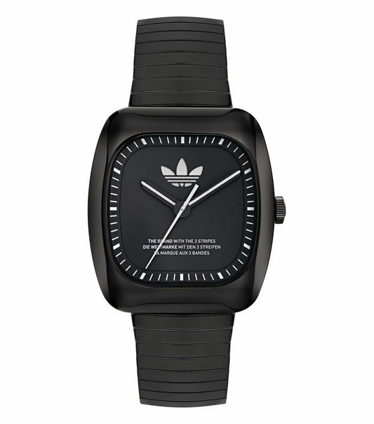 ADIDAS black watch with a sleek design at a side angle, showcasing minimalist dial and durable strap, perfect for modern enthusiasts.