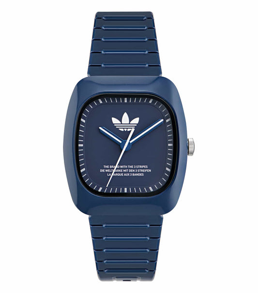 Adidas blue watch at an elevated angle, showcasing its sleek design; perfect blend of style and function for watch enthusiasts.