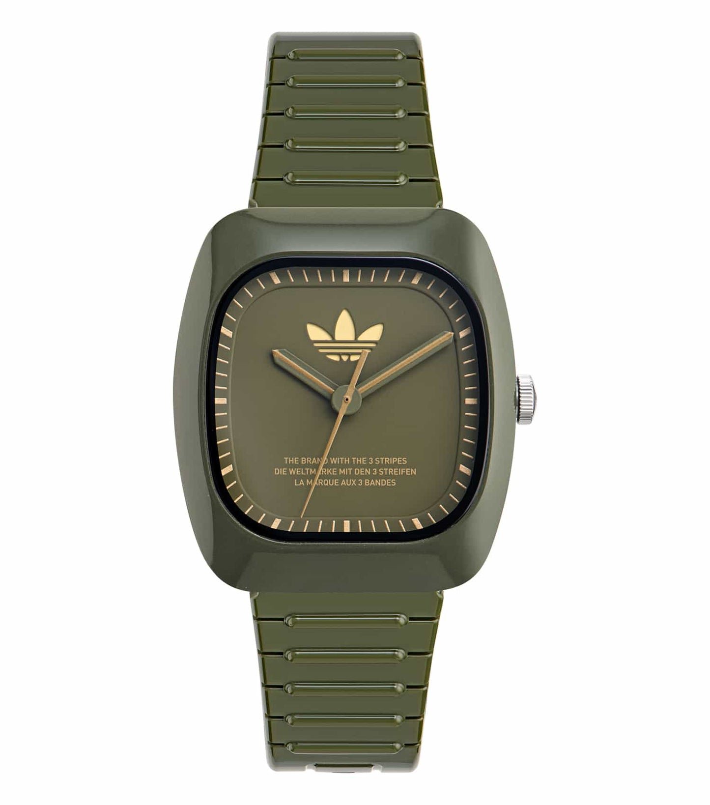 Adidas green watch with minimalist design, angled at 37 degrees, showcases a sleek round face and durable strap for everyday elegance.