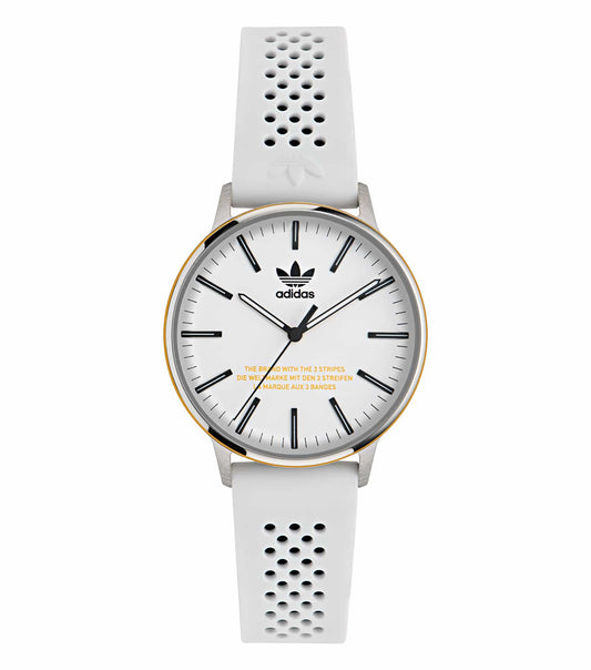 Adidas watch in quartz color displayed at an angle showcasing its sleek design and modern features, passion for timepieces.