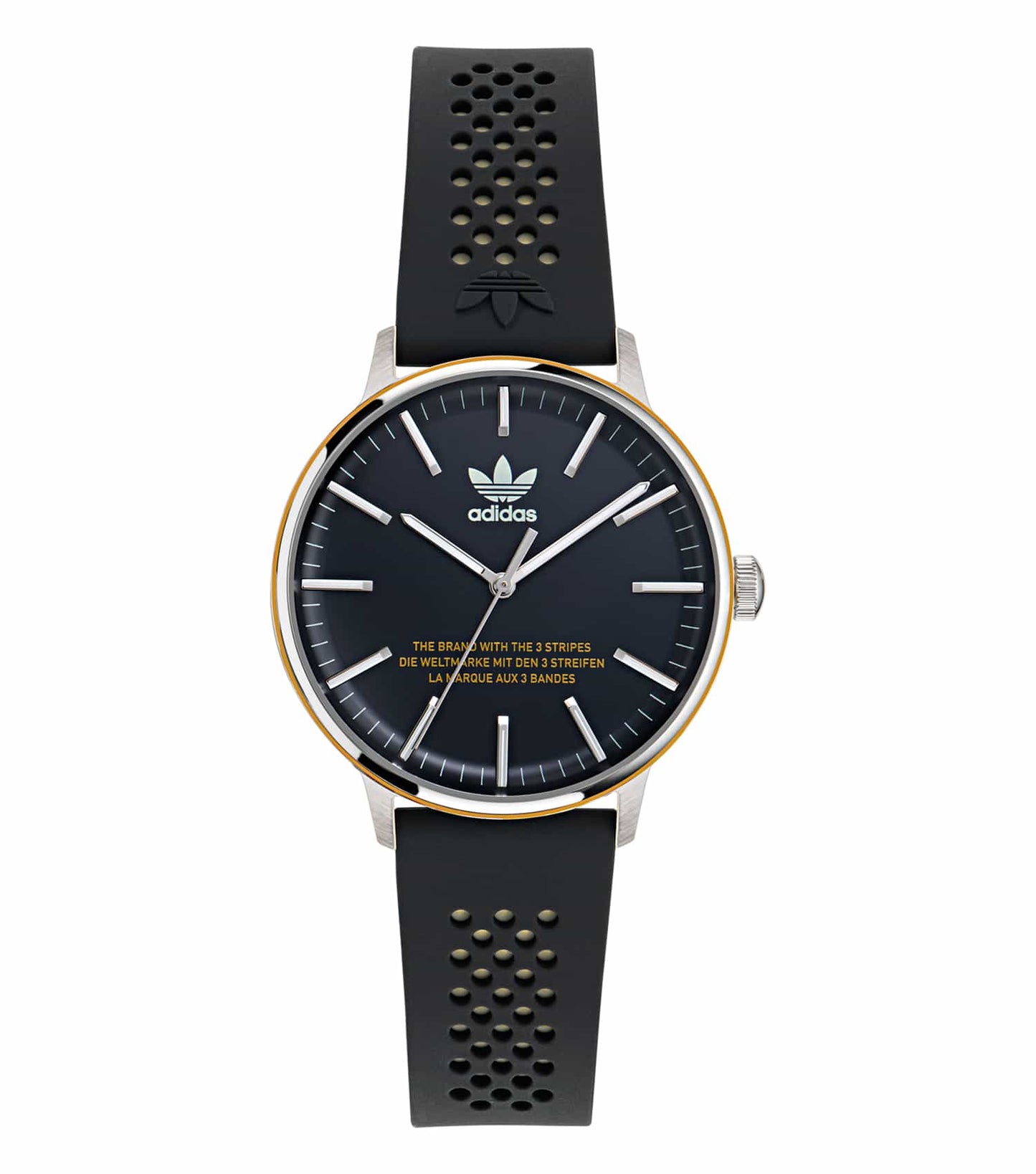 adidas quartz watch in soft hue displayed at 3/4 angle with modern strap, showcasing minimalist dial design in elegant style