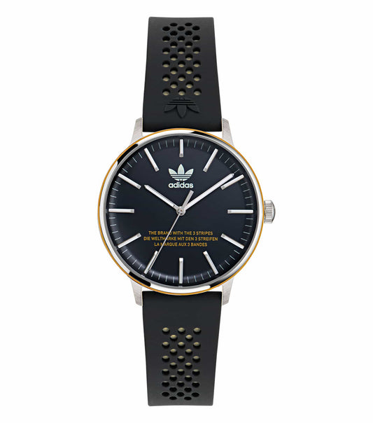 adidas quartz watch in soft hue displayed at 3/4 angle with modern strap, showcasing minimalist dial design in elegant style