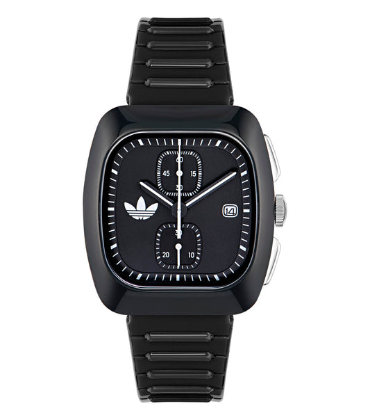 adidas retro wave watch in vibrant blue color, displayed at a dynamic side angle showcasing its sleek, minimalist design.