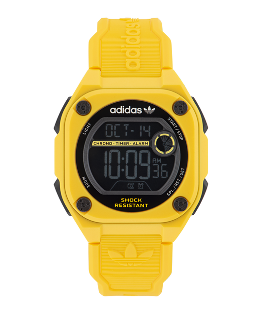 Yellow adidas watch with a minimalist design, front-facing angle, highlighting the sleek dial and vibrant strap, exuding casual style.