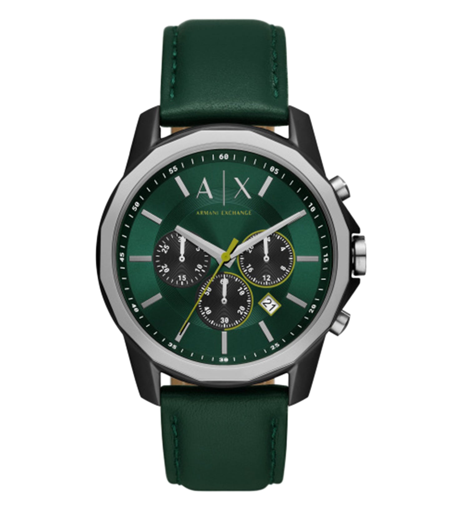 Armani Exchange watch with a sleek, silver-tone finish, featuring a minimalist round dial at a frontal angle for style enthusiasts.