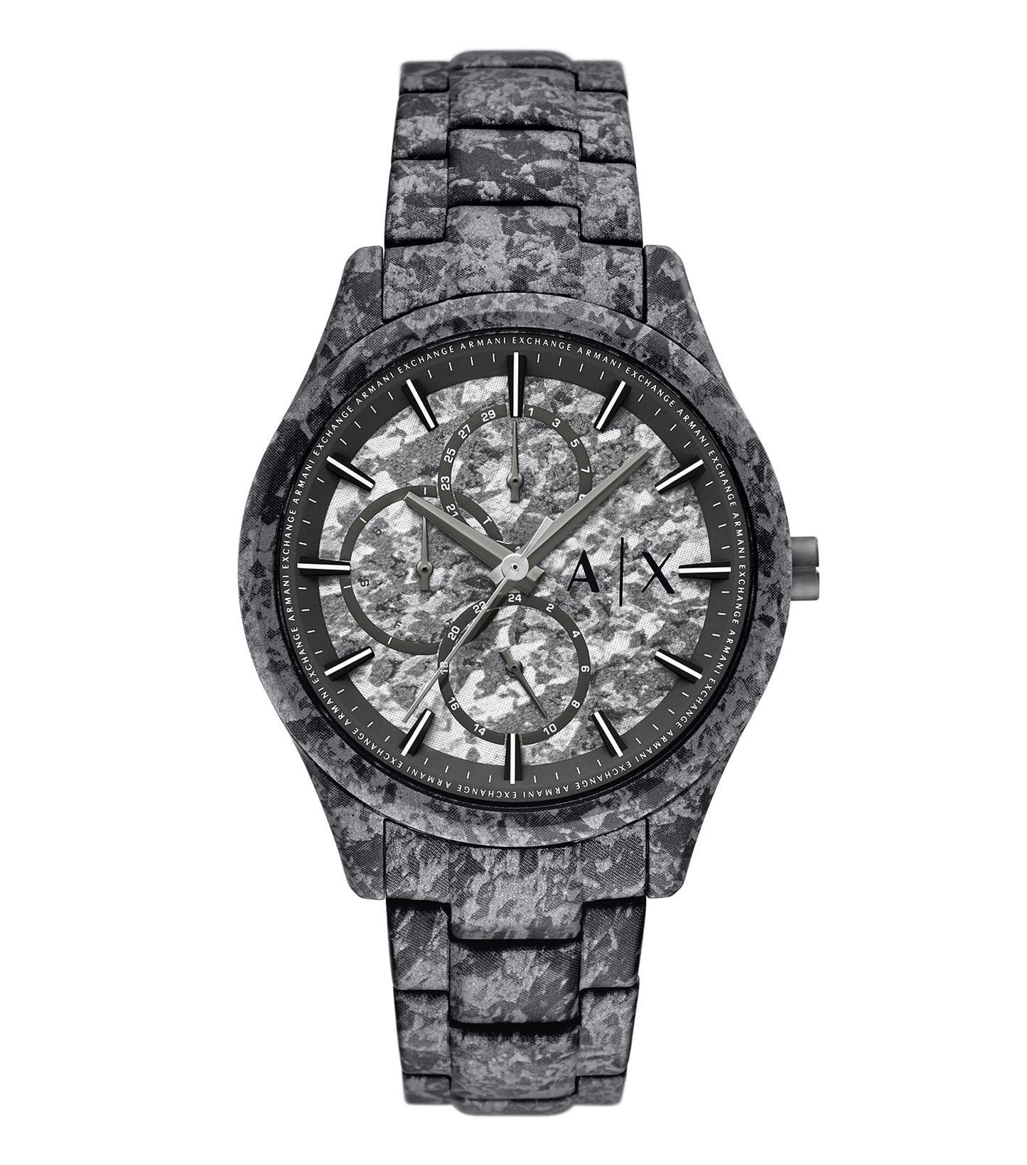 Armani Exchange quartz watch with silver strap, frontal angle, elegant design detailing, perfect for style enthusiasts.