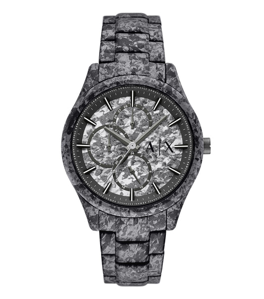 Armani Exchange quartz watch with silver strap, frontal angle, elegant design detailing, perfect for style enthusiasts.