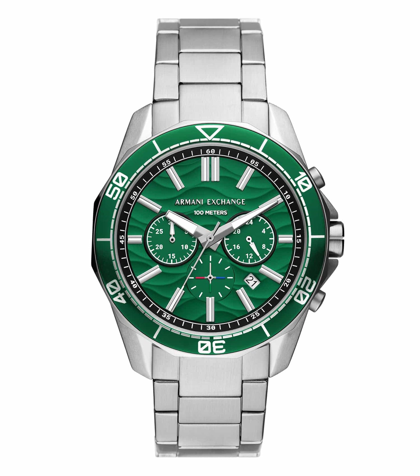 Armani Exchange watch in vibrant blue, angled to show elegant face and band detail, perfect for modern style enthusiasts.
