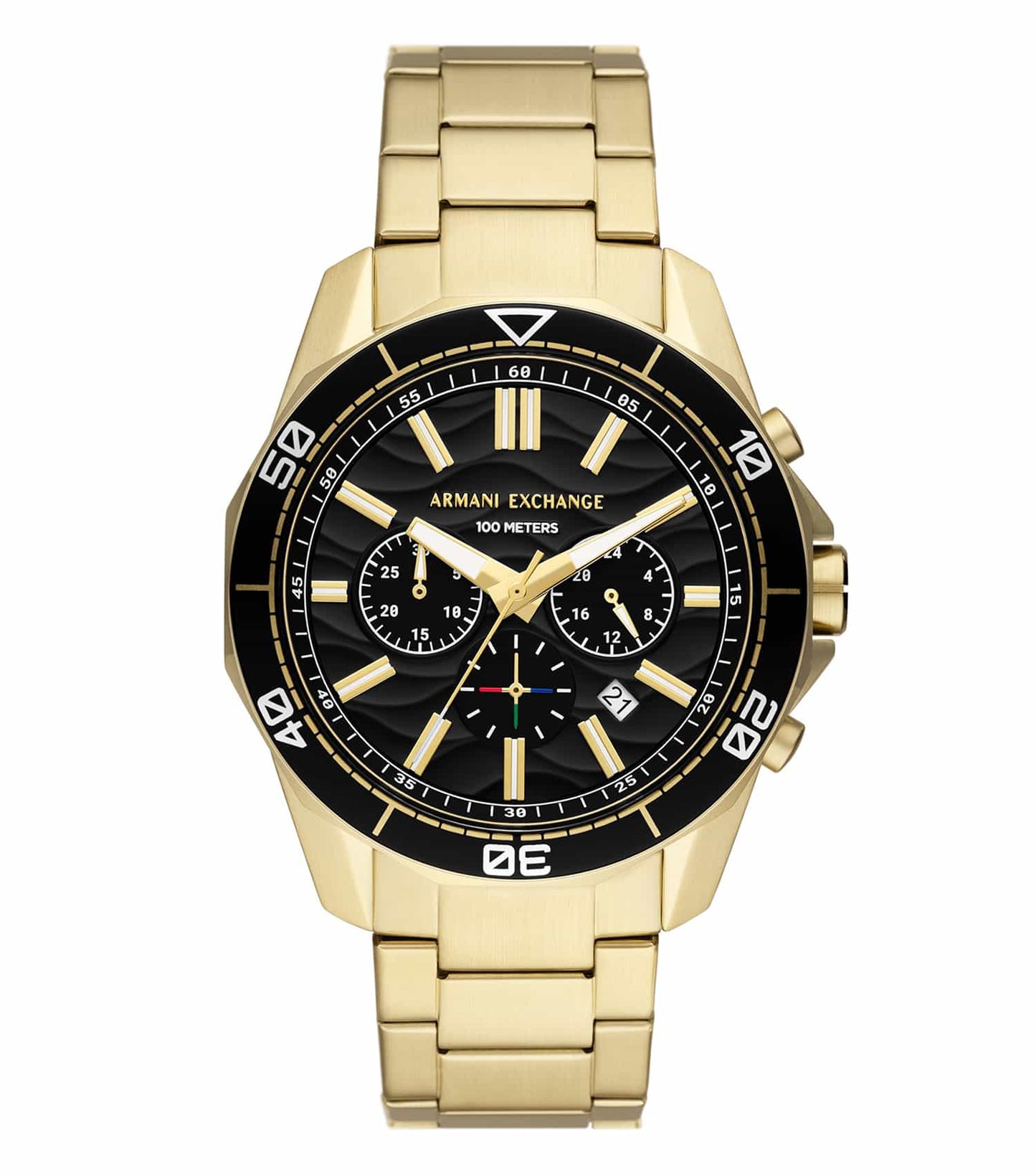 Armani Exchange watch in elegant neutral color, side angle view highlighting sleek design, minimalist dial, stainless steel bracelet.