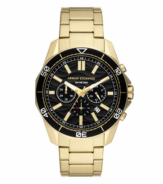 Armani Exchange watch in elegant neutral color, side angle view highlighting sleek design, minimalist dial, stainless steel bracelet.