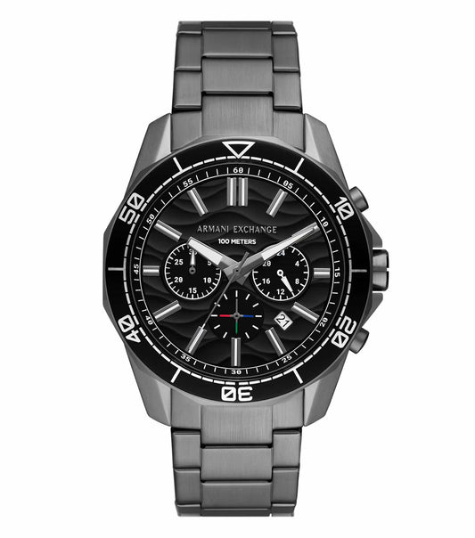 Armani Exchange Quartz watch, front view with sleek silver-tone dial, stainless steel bracelet, and minimalist design