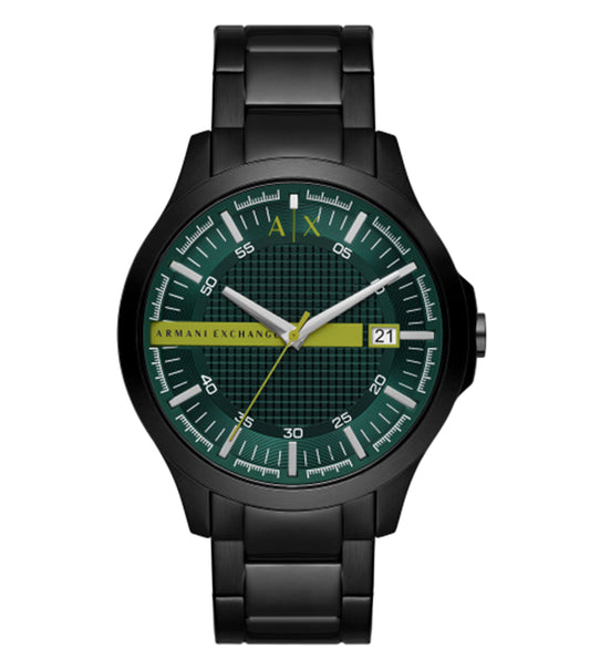 Armani Exchange men's watch, gold-tone case, black dial, chronograph features, angled top-down view, luxury timepiece.