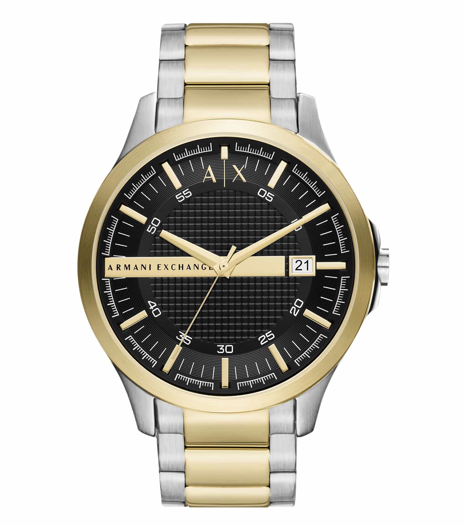 Armani Exchange men's watch in silver-tone; featuring a classic round dial at a 45-degree angle with black leather strap.