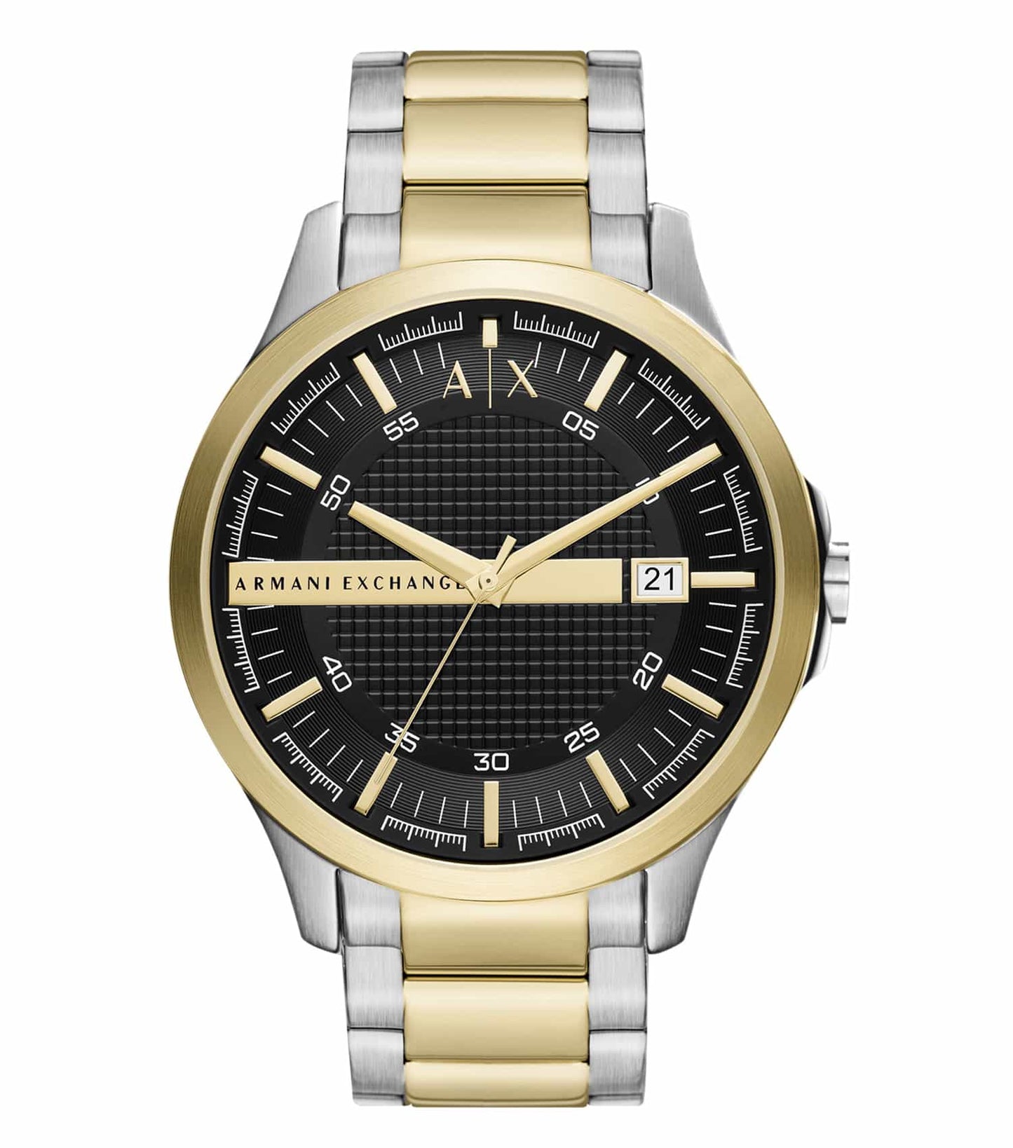 Armani Exchange men's watch in silver-tone; featuring a classic round dial at a 45-degree angle with black leather strap.