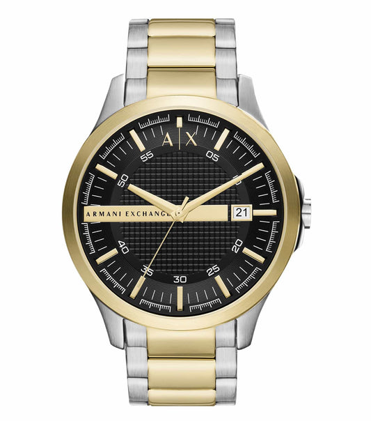 Armani Exchange men's watch in silver-tone; featuring a classic round dial at a 45-degree angle with black leather strap.