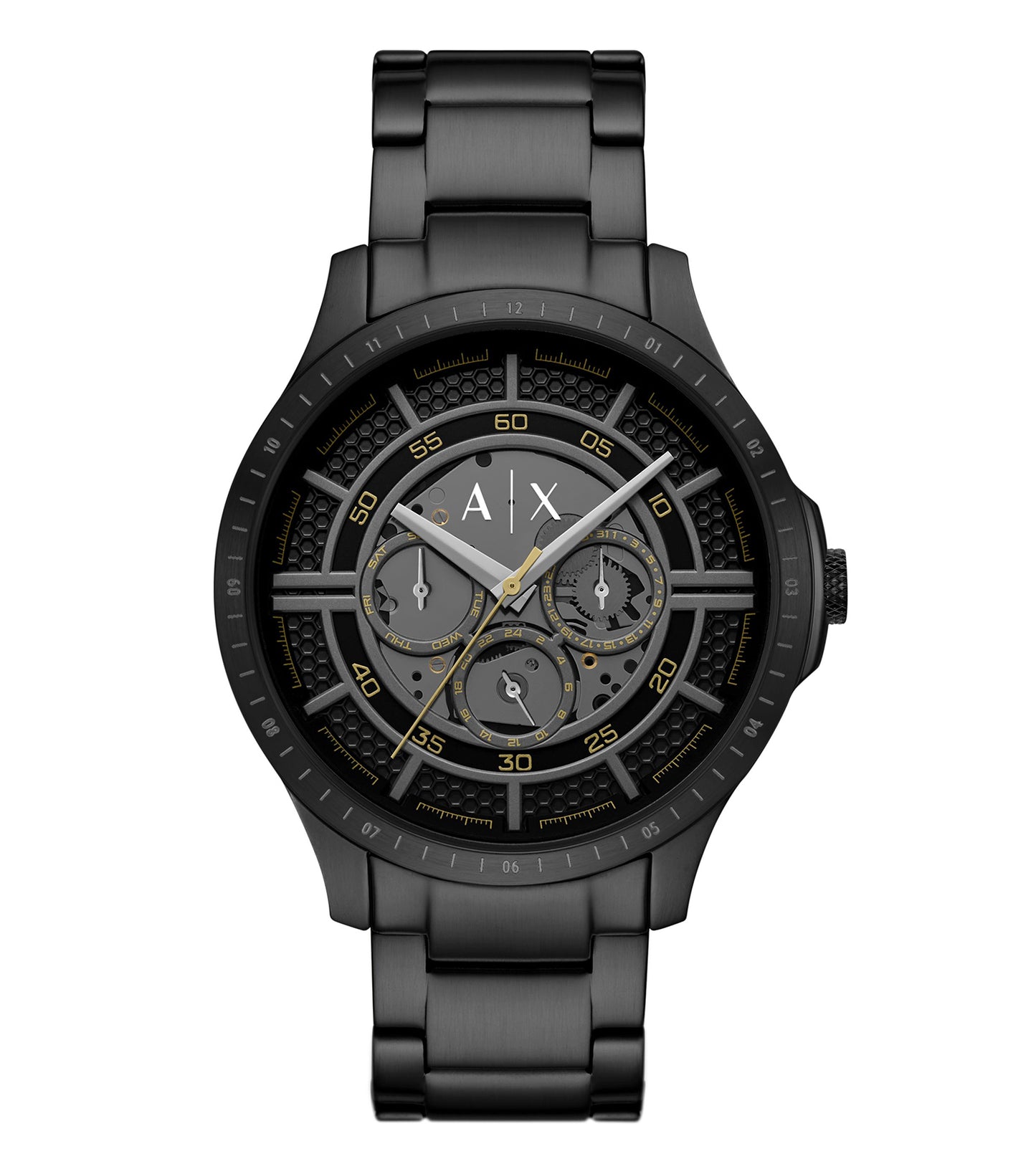 Armani Exchange quartz watch AX2460 in vibrant blue displayed at a dynamic 46-degree angle with sleek, modern design.