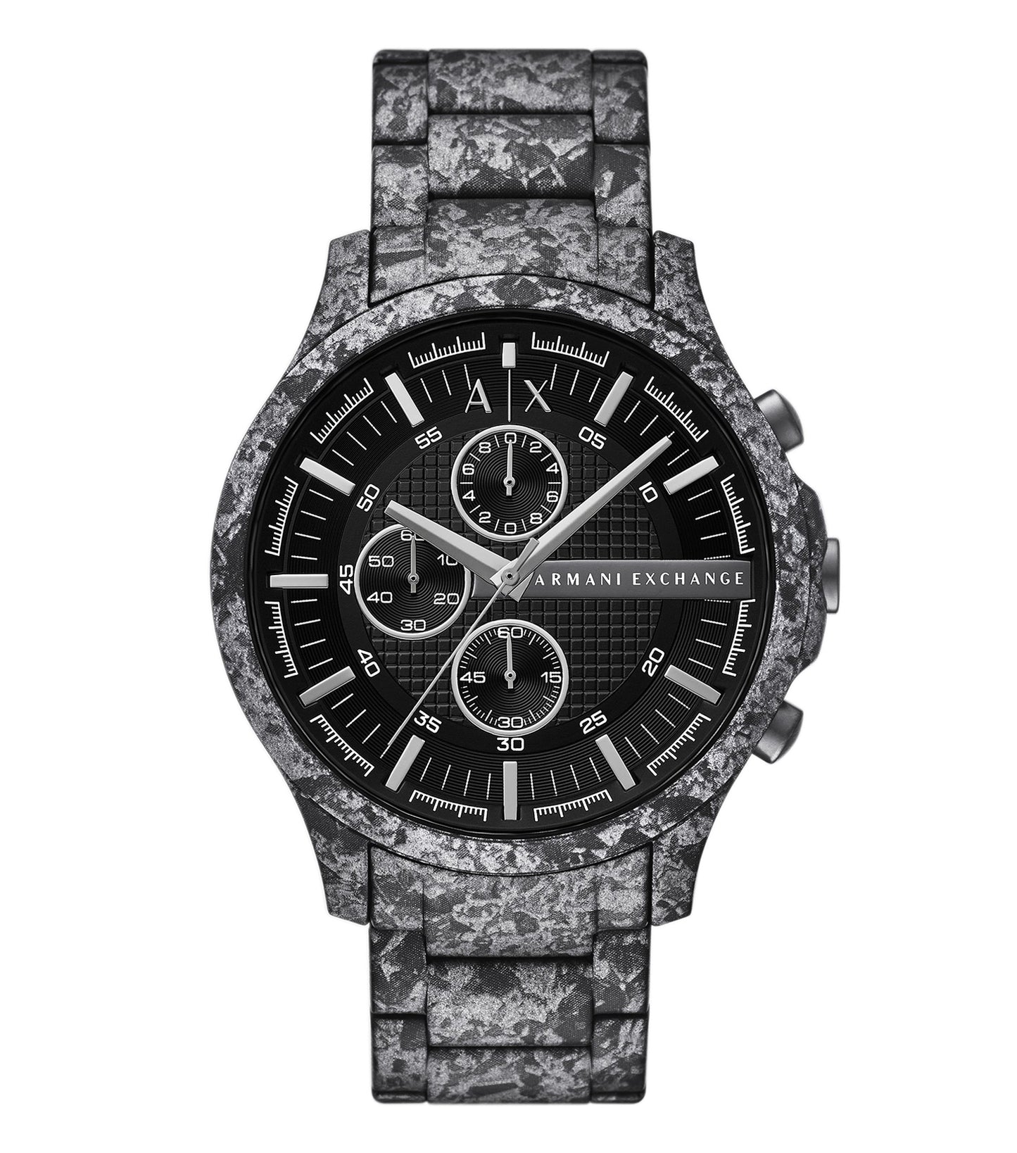 Armani Exchange black watch with a sleek minimalist design, featured at a side angle showcasing its elegant dial and strap details.