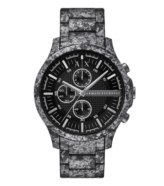 Armani Exchange black watch with a sleek minimalist design, featured at a side angle showcasing its elegant dial and strap details.