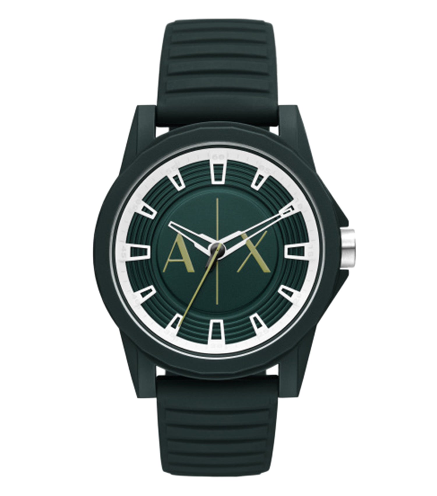 Armani Exchange quartz watch; close-up angle showcasing sleek design, round dial, and stainless-steel bracelet in elegant finish.