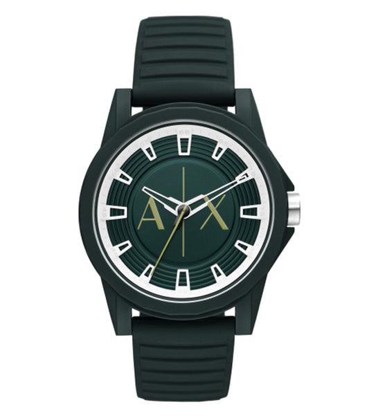 Armani Exchange quartz watch; close-up angle showcasing sleek design, round dial, and stainless-steel bracelet in elegant finish.