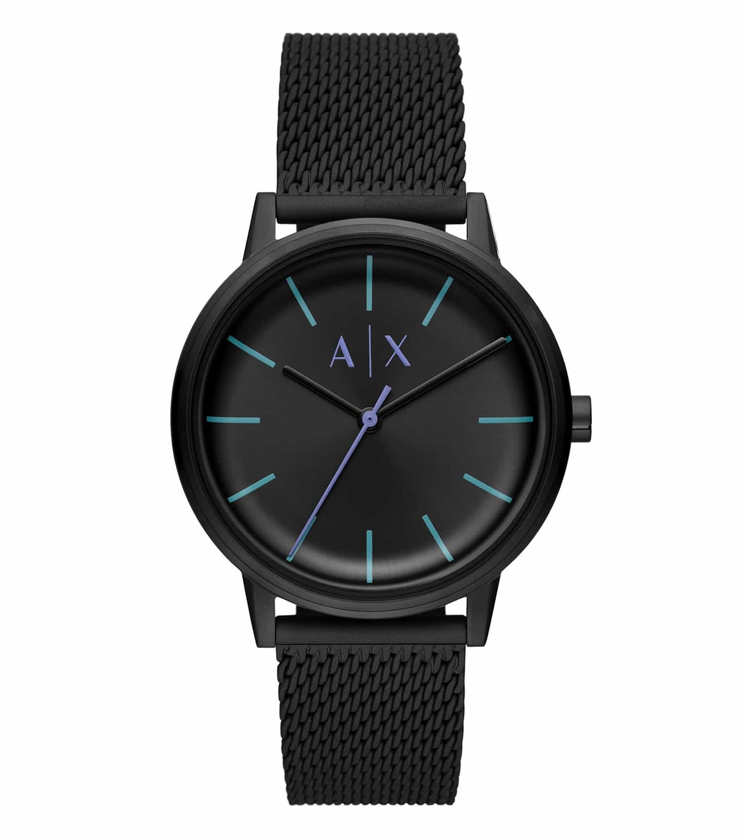 Armani Exchange quartz watch in flattering angle, featuring contemporary design, sleek round face, and metallic sheen.