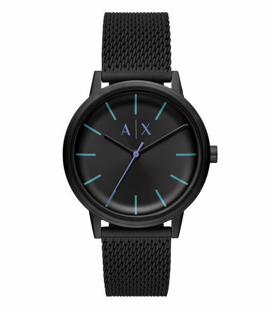 Armani Exchange quartz watch in flattering angle, featuring contemporary design, sleek round face, and metallic sheen.