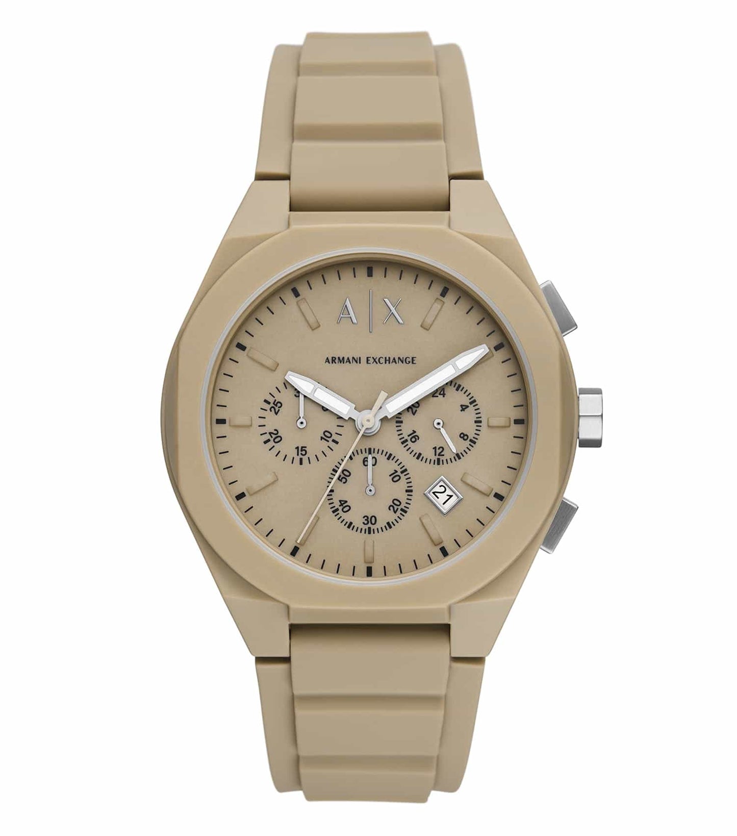 Armani Exchange gold watch, AX4162 model, elegant front angle, highlighting refined texture and classic design.