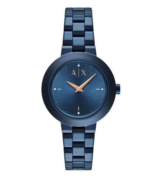 Armani Exchange Quartz Watch in AX5175, angled top view; sleek silver-toned metal bracelet detailing and modern watch face design.