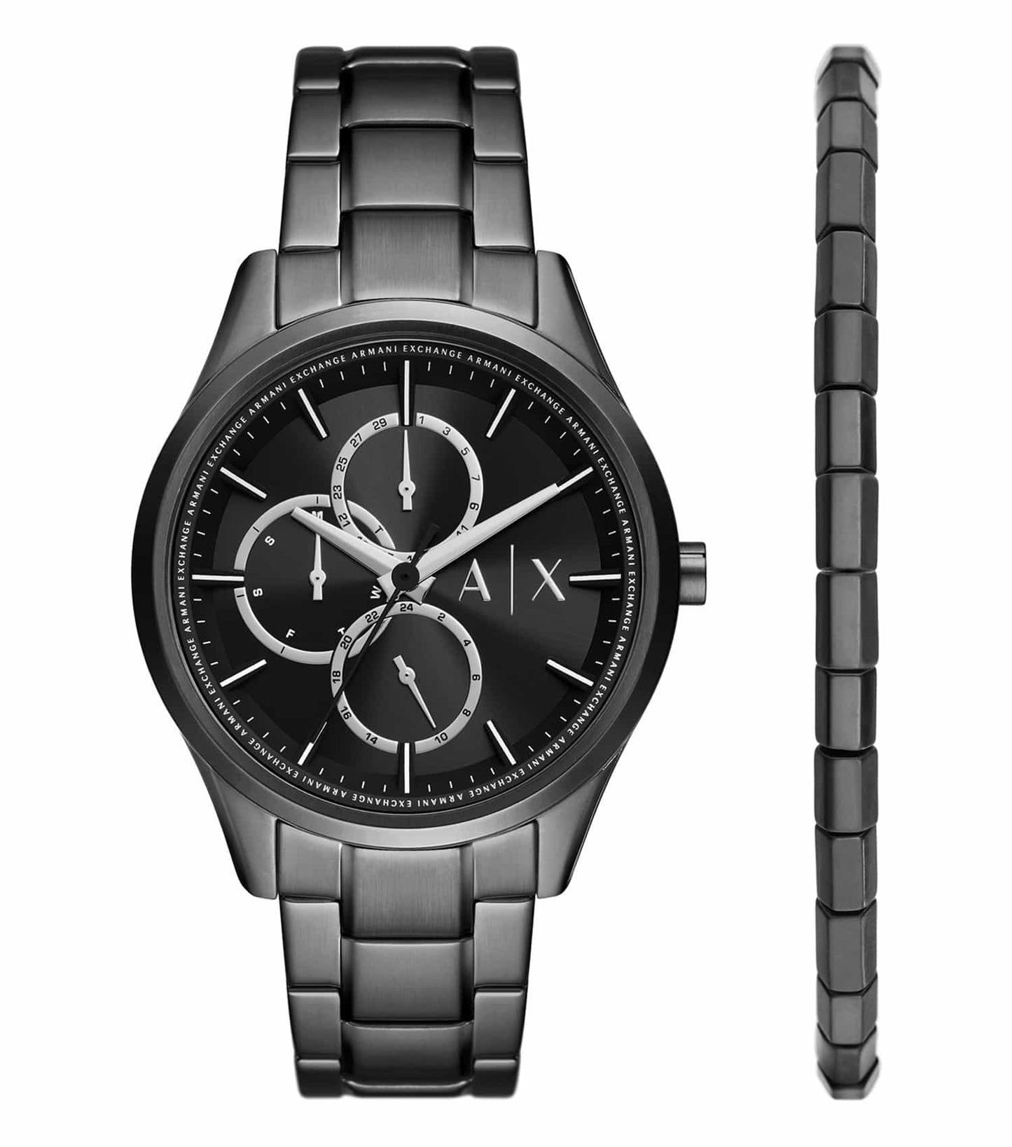 Armani Exchange quartz watch, front angle, sleek black dial, silver markers, modern stainless steel band, elegant design.