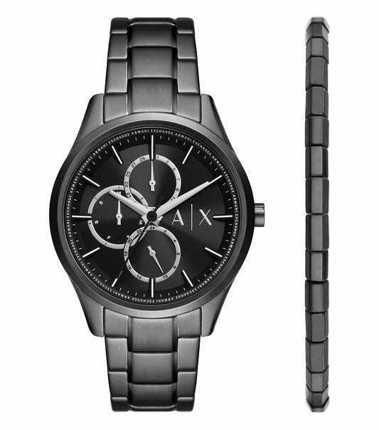 Armani Exchange quartz watch, front angle, sleek black dial, silver markers, modern stainless steel band, elegant design.