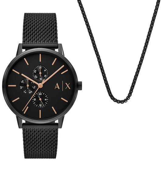 Discover the Armani Exchange quartz watch in a side angle, showcasing sleek design, elegant blue tones, and metallic details.