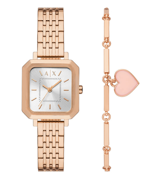 Armani Exchange watch in quartz color, displayed at a slight angle, showcasing intricate gold accents and a delicate mesh strap.