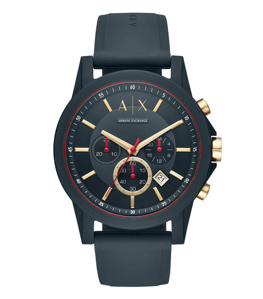 Elegant Armani Exchange watch with a sleek, minimalist design, black dial, and leather strap; angled view highlights craftsmanship.