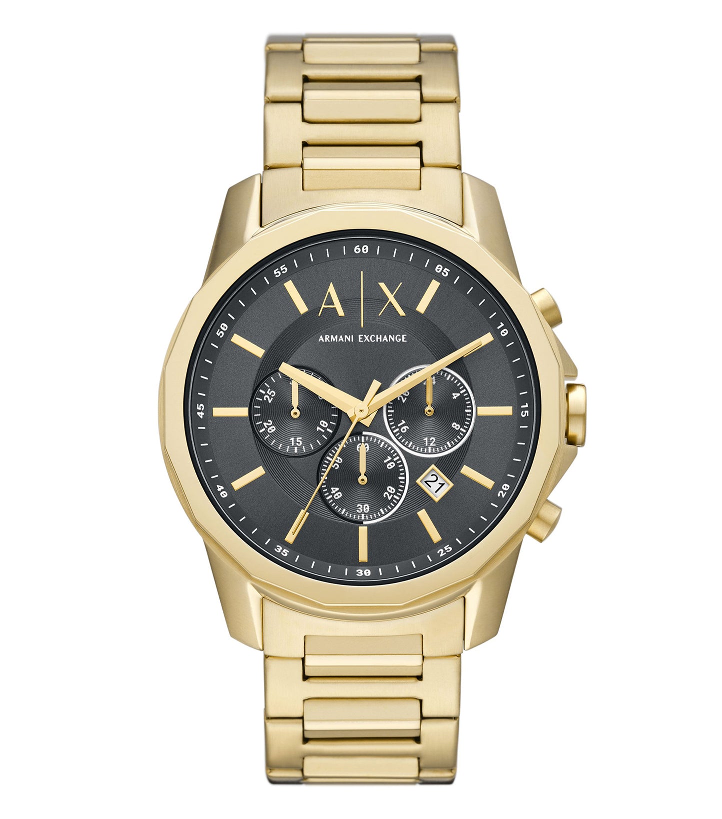 Armani Exchange black watch showcasing a sleek, elegant design, angled with a clear view of the dial and strap.