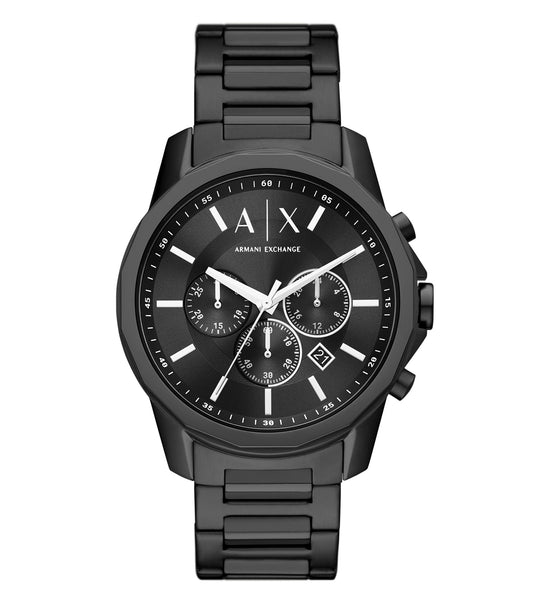 Armani Exchange quartz color watch with silver stainless steel strap, viewed from a slight side angle, showcasing elegant details.