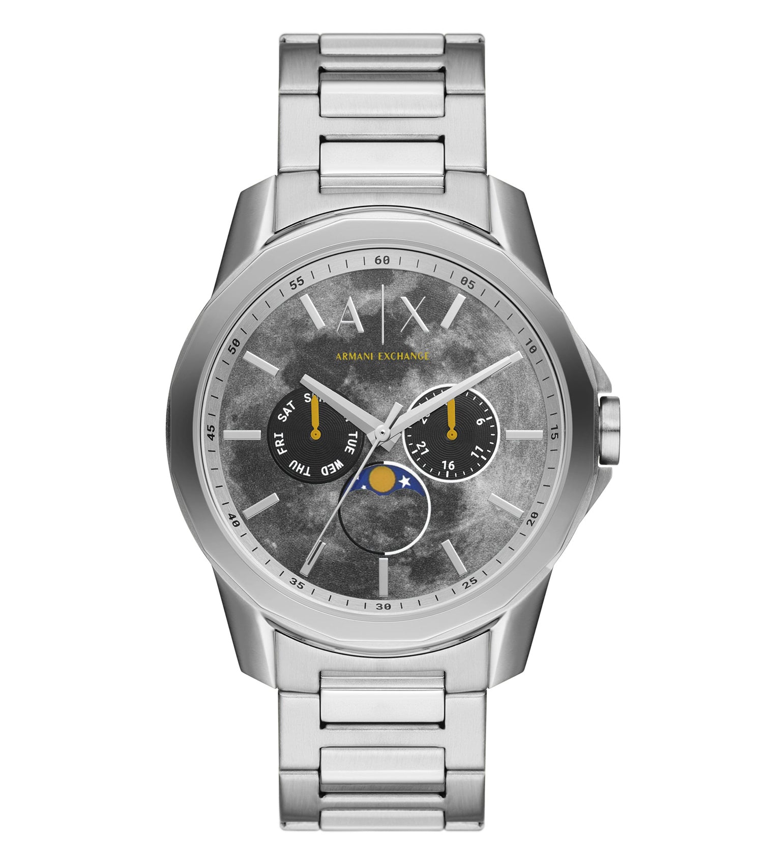 Armani Exchange classic black watch with sleek dial and silver accents displayed at a 45-degree angle against white background.