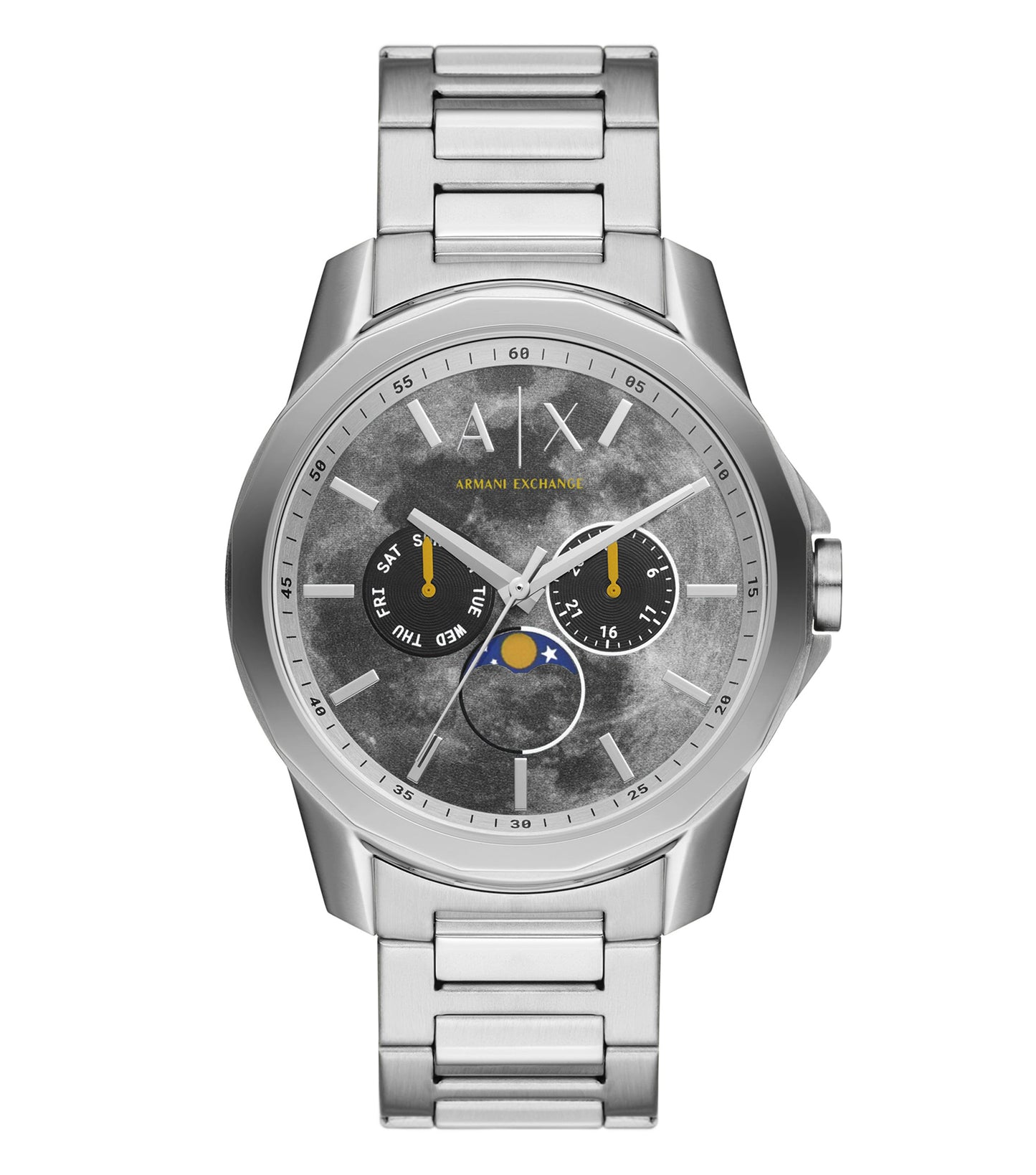Armani Exchange classic black watch with sleek dial and silver accents displayed at a 45-degree angle against white background.