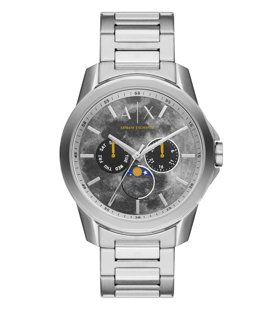 Armani Exchange classic black watch with sleek dial and silver accents displayed at a 45-degree angle against white background.