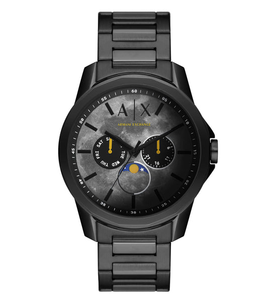 Armani Exchange quartz-colored watch AX1738, side angle view showcasing stainless steel case, bracelet and elegant round dial.