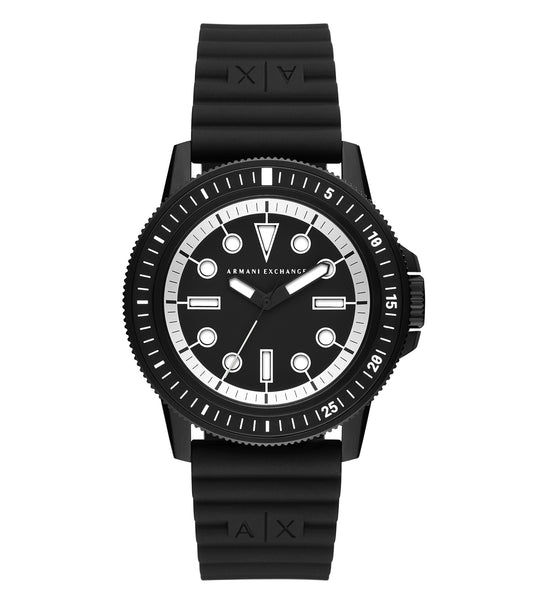 Elegant black Armani Exchange watch with silver accents, viewed face-up, showcasing chronograph features and sleek design.