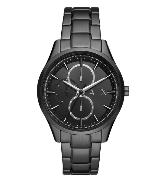 Armani Exchange quartz watch in an elegant monochrome tone, showcased at a 42-degree angle highlighting its sleek design.