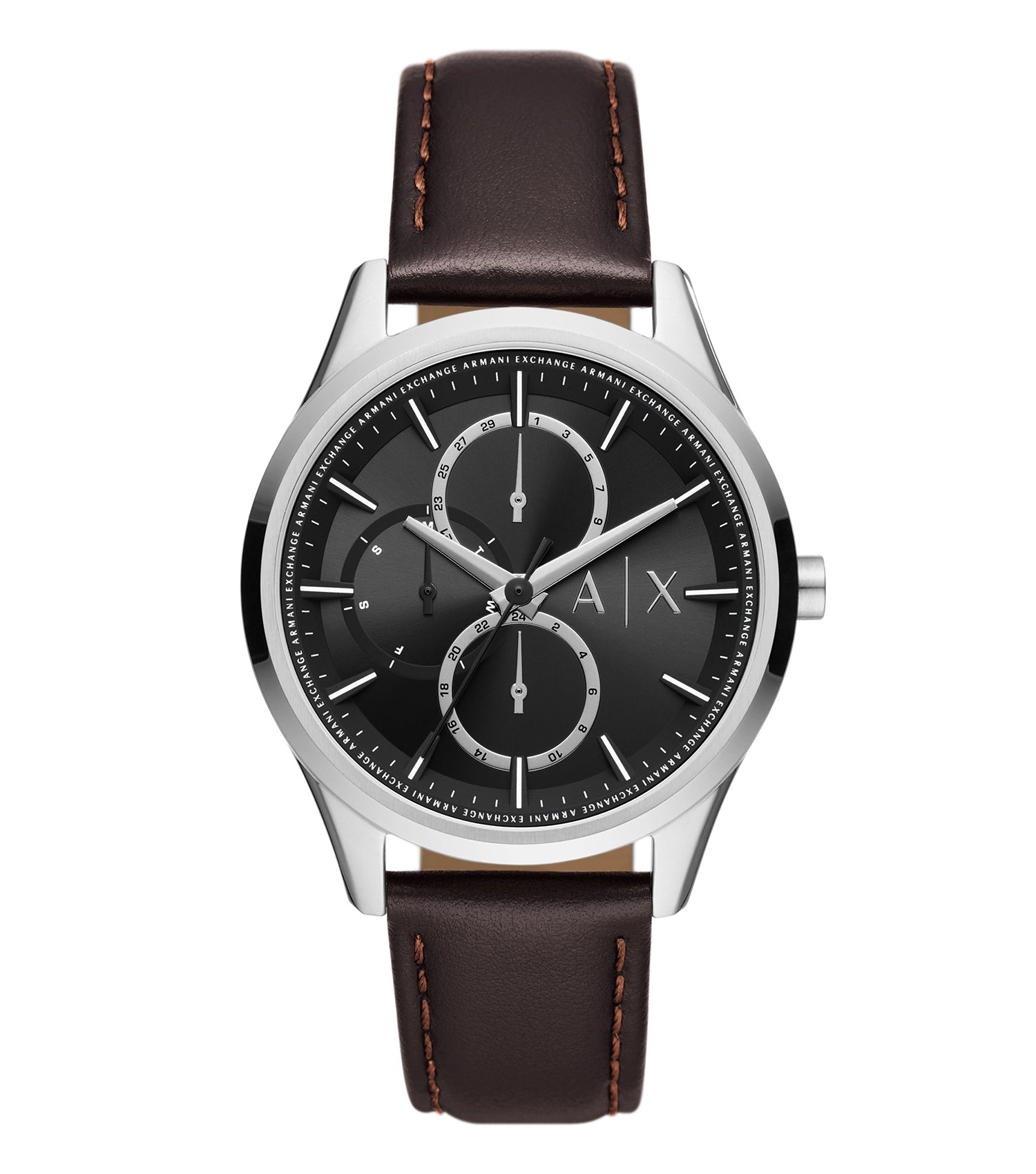 Armani Exchange watch in a chic, monochrome design featuring a close-up front view; sleek detailing and modern style.