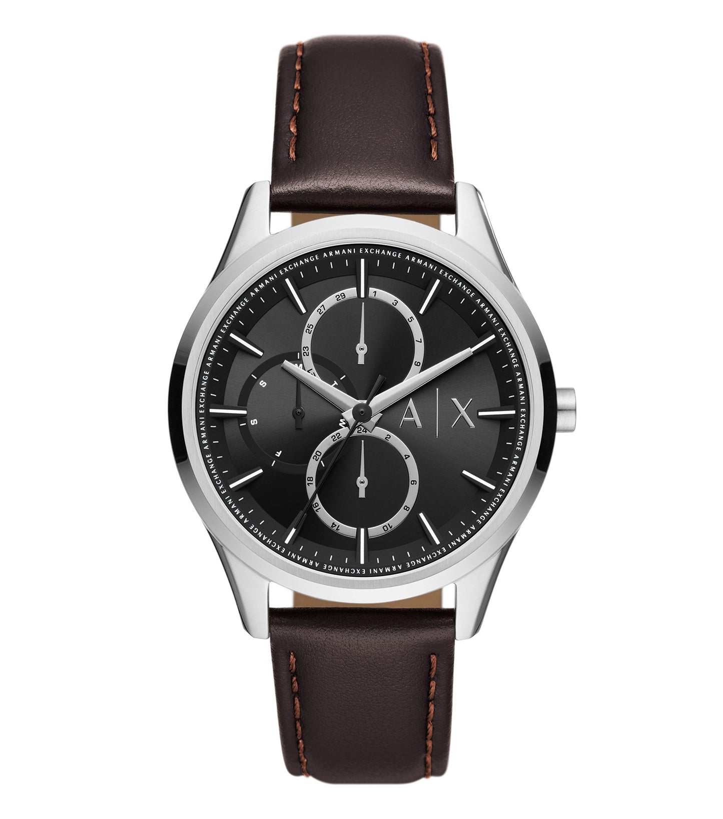 Armani Exchange watch in a chic, monochrome design featuring a close-up front view; sleek detailing and modern style.