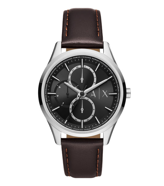 Armani Exchange watch in a chic, monochrome design featuring a close-up front view; sleek detailing and modern style.