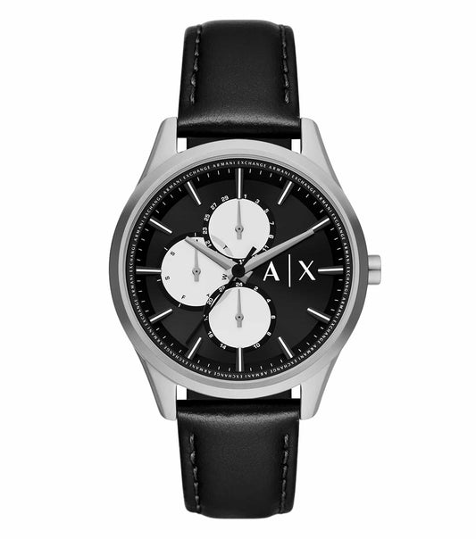 Armani Exchange black/silver watch, highlighting sophisticated elegance, displayed at an angled view, showcasing detailed design.