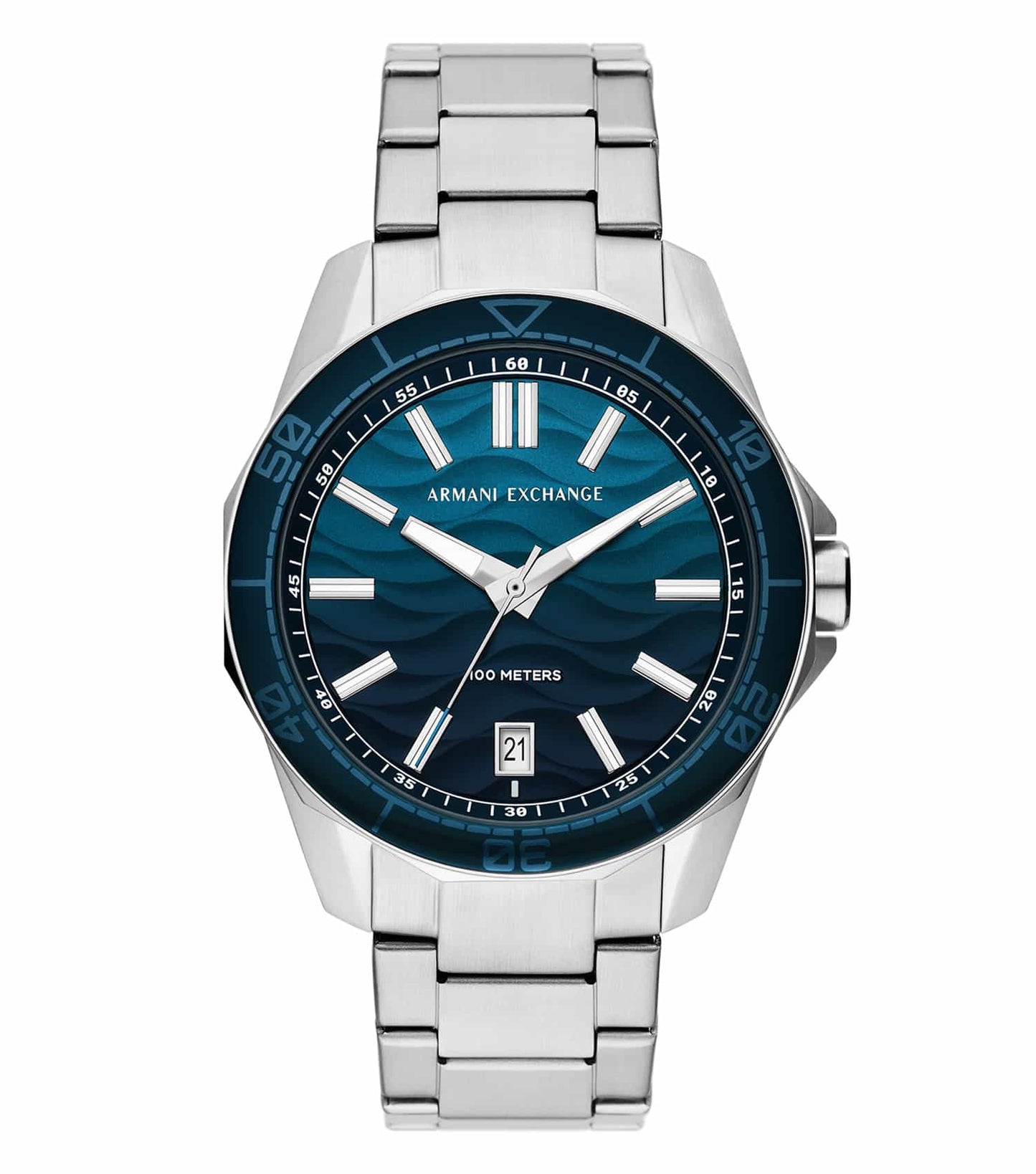 Armani Exchange silver watch with a round face, stainless steel bracelet, photographed at a 45-degree angle, showcasing elegance.