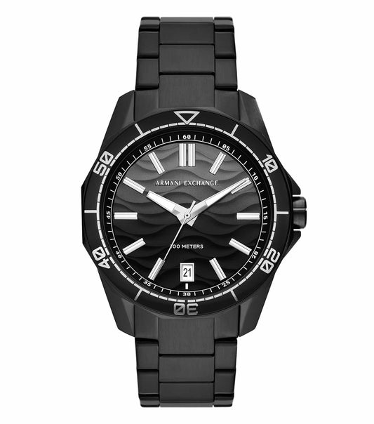 Armani Exchange black watch, angled view showcasing sleek design, black dial, silver detailing, and modern style.